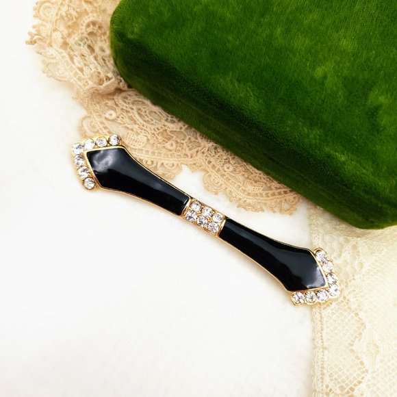 Vintage Art Deco Style Black Enamel Brooch, Rhinestone Collar Bar Pin - Picture 4 of 7